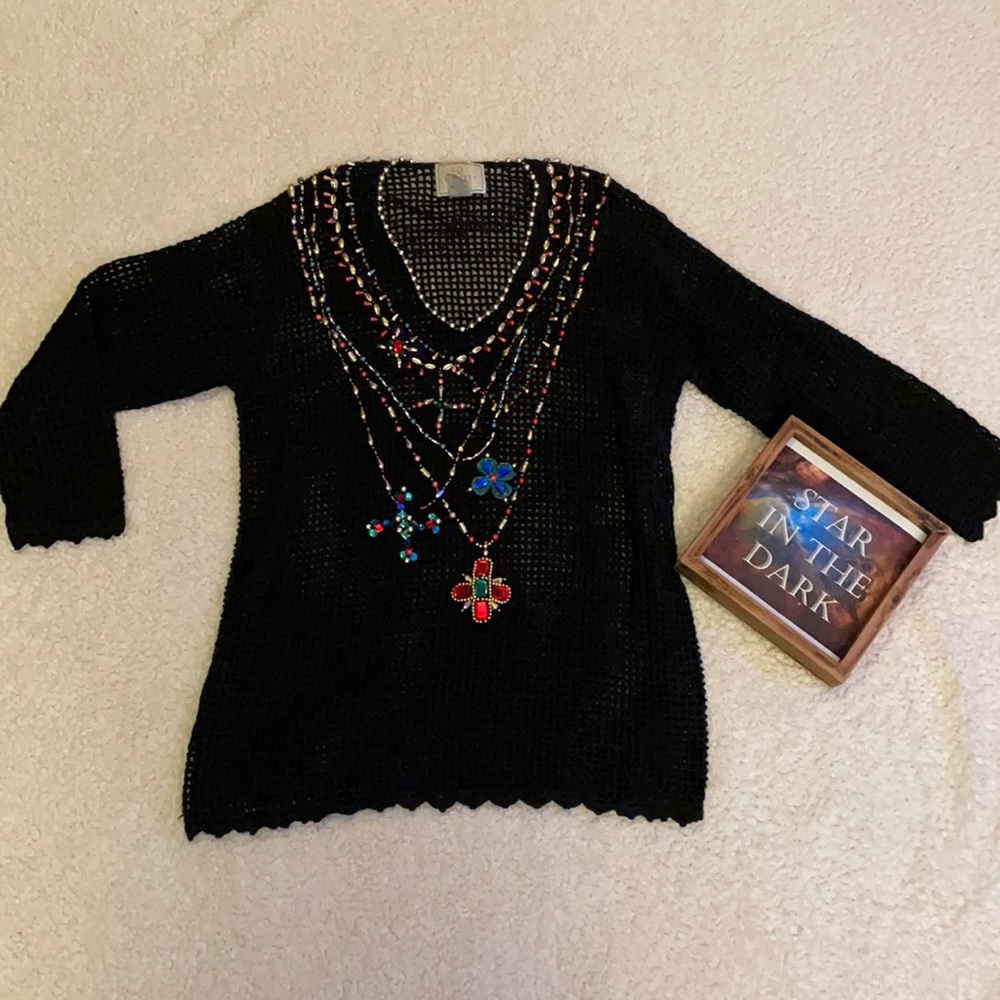 Express tricot hand knitted beaded fishnet sweater